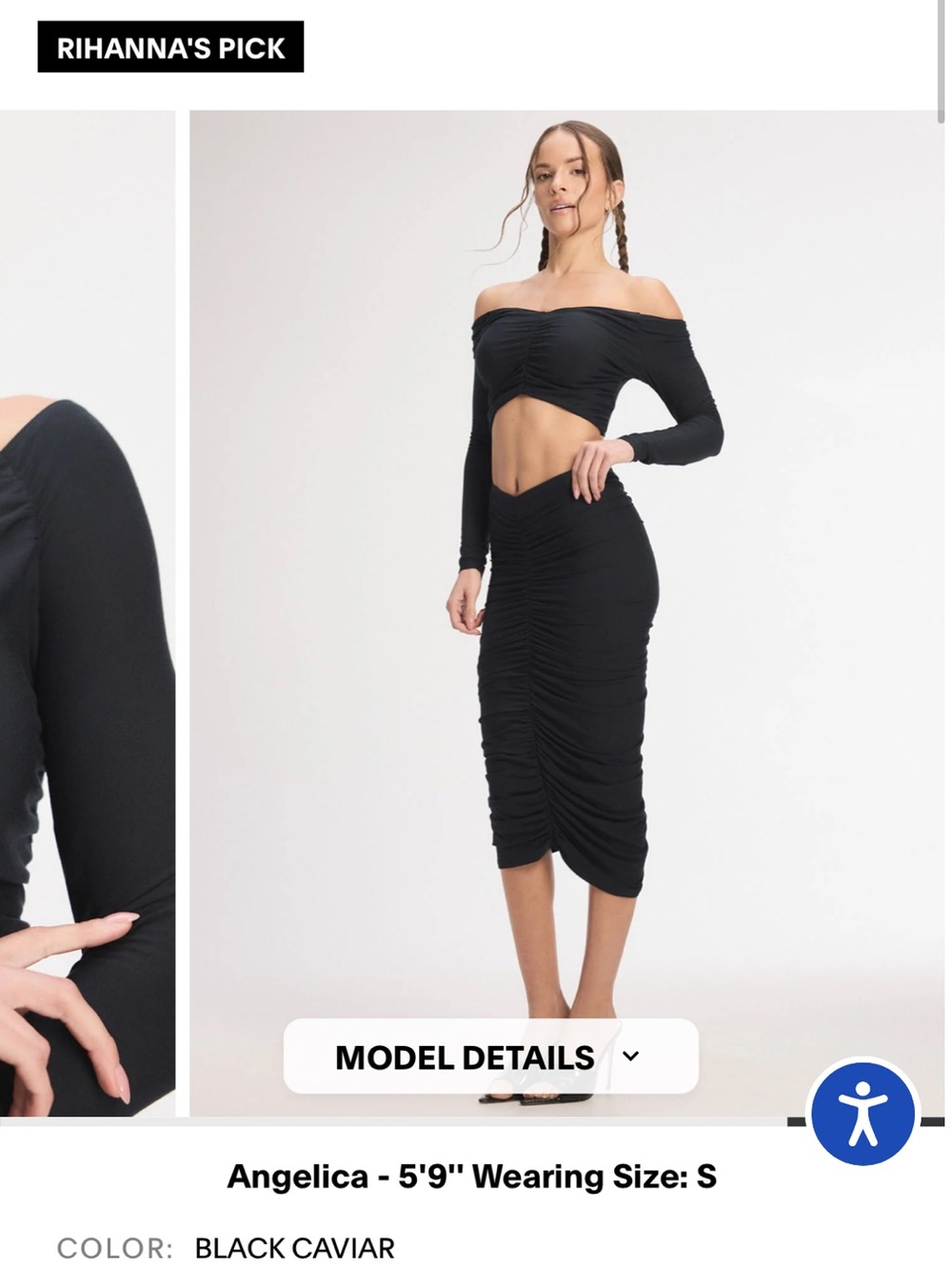 Savage x Fenty Off-Shoulder Ruched Black long sleeve + skirt set